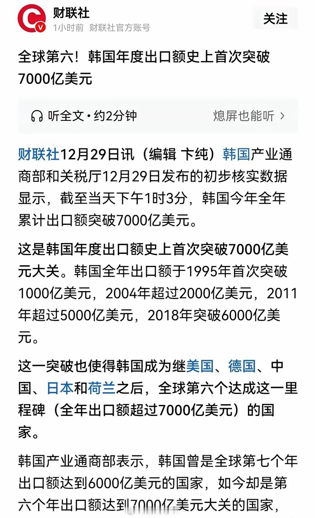 韩国出口突破7,000亿美元，还是挺牛逼的，这么小一个国家，确实是一个工业强国，