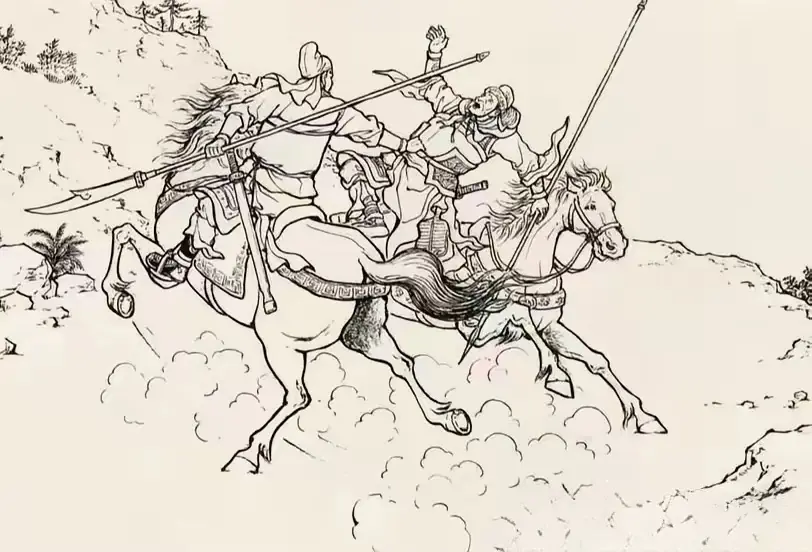关公单臂擒敌将。此图中关二爷与对手单挑，二马错蹬之时，只见他刀交左手...