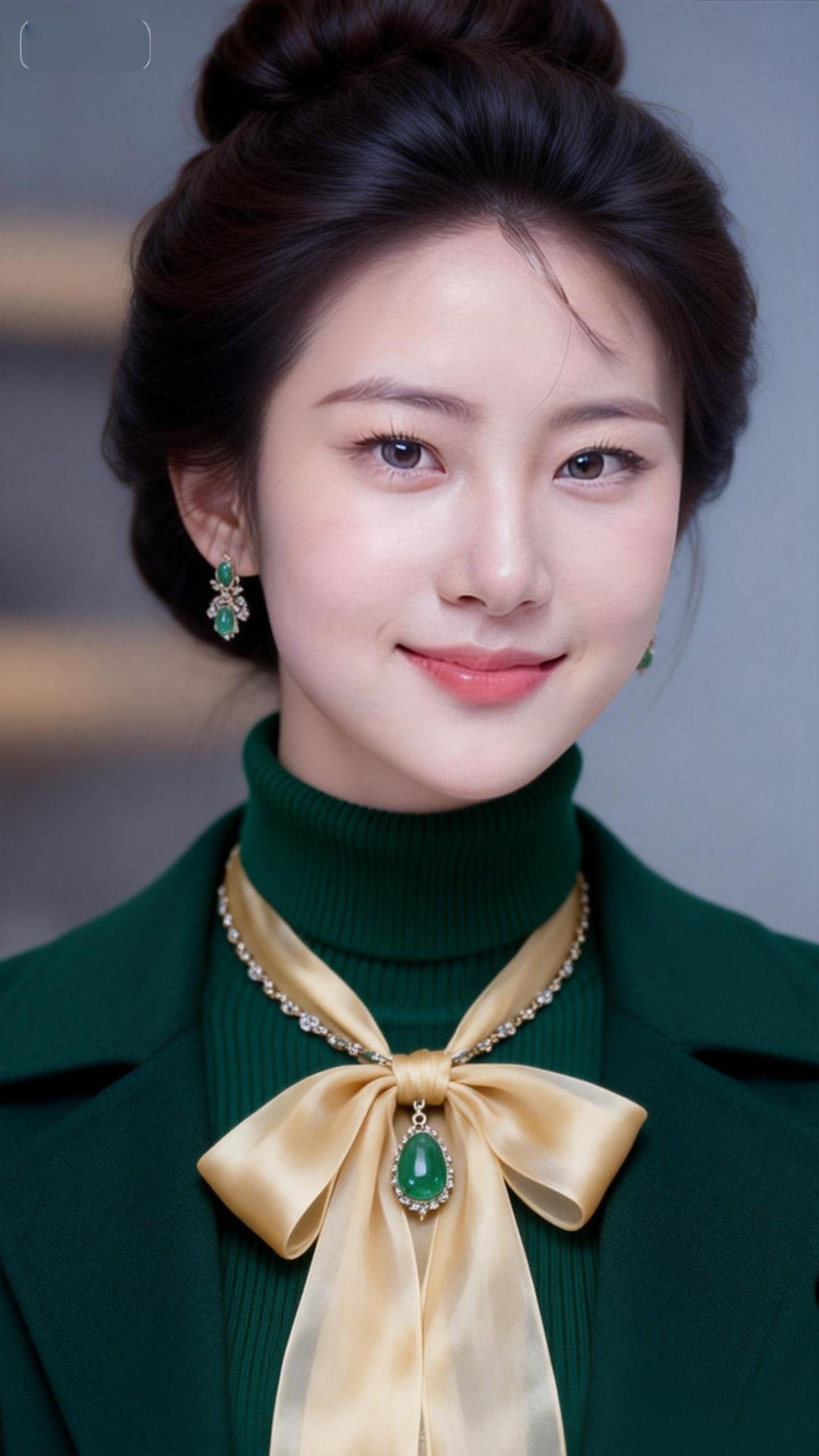 优雅绿衣美人，笑靥如花，绿宝石项链闪耀夺目！