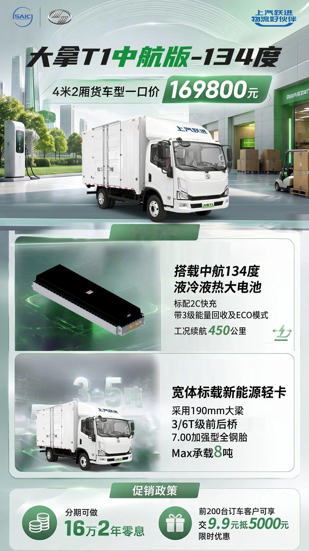 上汽跃进大拿T1中航版登场，134度大电池450km续航，一口价16.98万