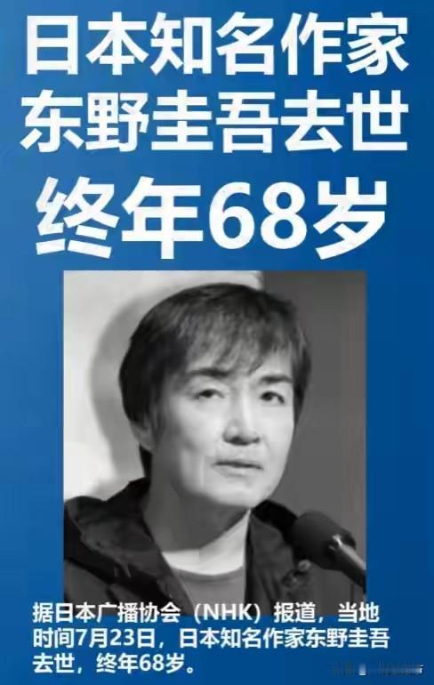 日本推理小说大师东野圭吾于7月23日凌晨因结肠癌去世，享年68岁。1985年他以
