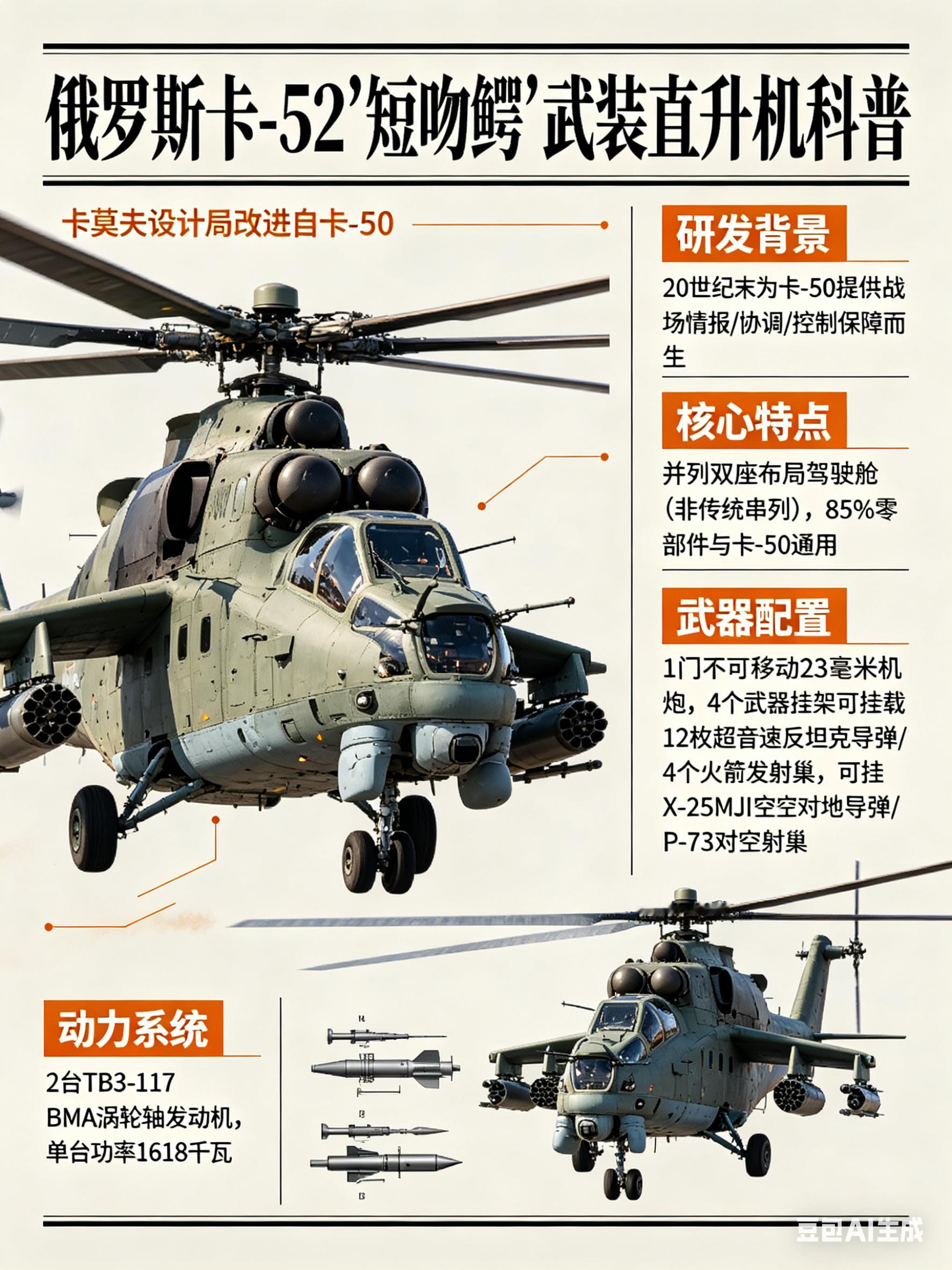 军事ai新视野 俄罗斯卡-52“短吻鳄”武装直升机卡-52“短吻鳄”是卡莫夫设计