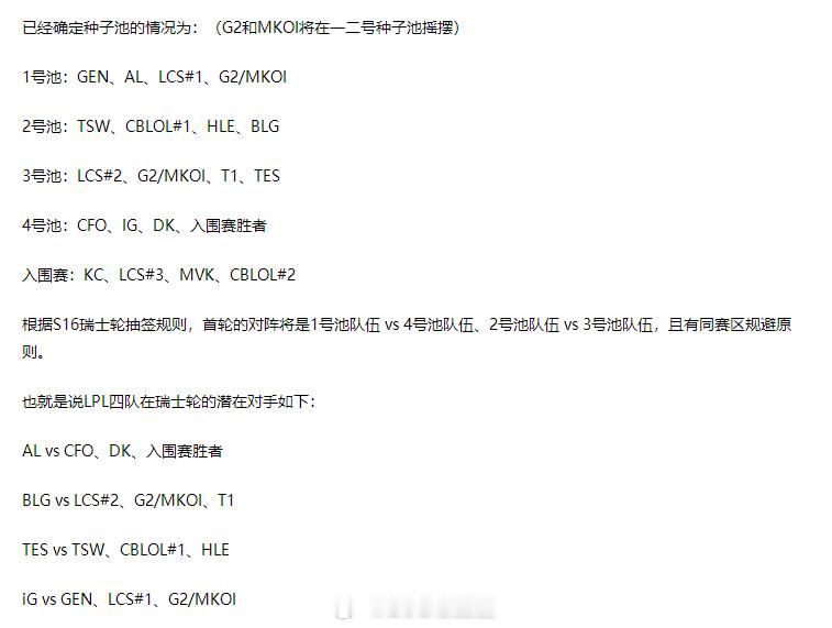 S16种子池大致一览：BLG又打T1？iG或战GEN 要给TES捏上软柿子？随着