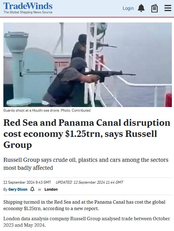 1.25万亿美元！红海危机与巴拿马运河堵塞造成全球经济损失金额

伦敦数据分析公