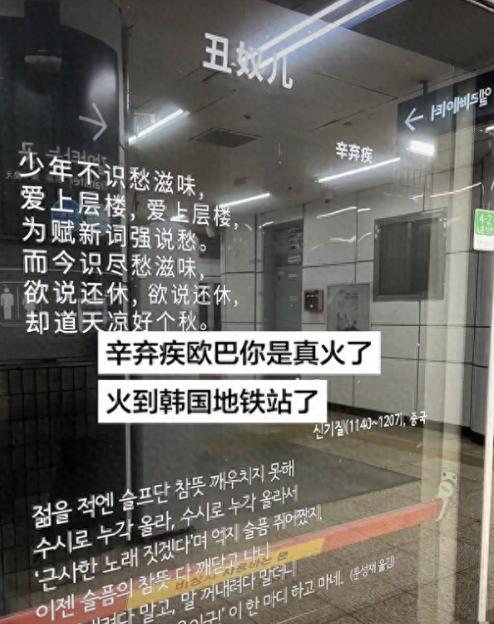 火到韩国了！一位中国游客去韩国旅游，准备乘坐地铁时，突然在展台的玻璃门上看到有汉