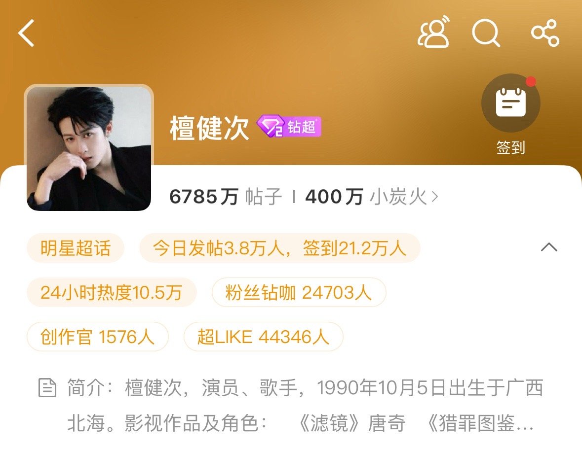 檀健次超话粉丝量破400万恭喜檀健次超话粉丝量突破400万！🎉收获400万炭火