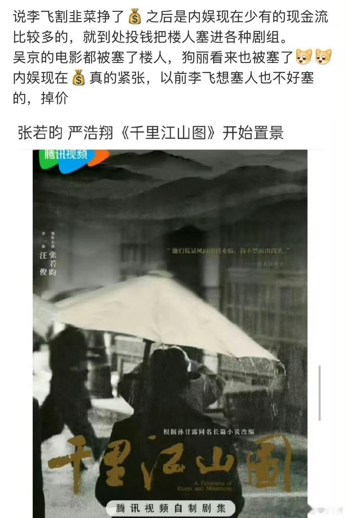 真服了 这意思 没有李飞给带资进组千里江山图还开不起来了？？？[疑问] 不过新丽