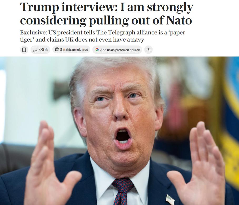 不想再当冤大头了！特朗普告诉媒体，他正在认真考虑让美国退出北约组织。他更是吐槽英