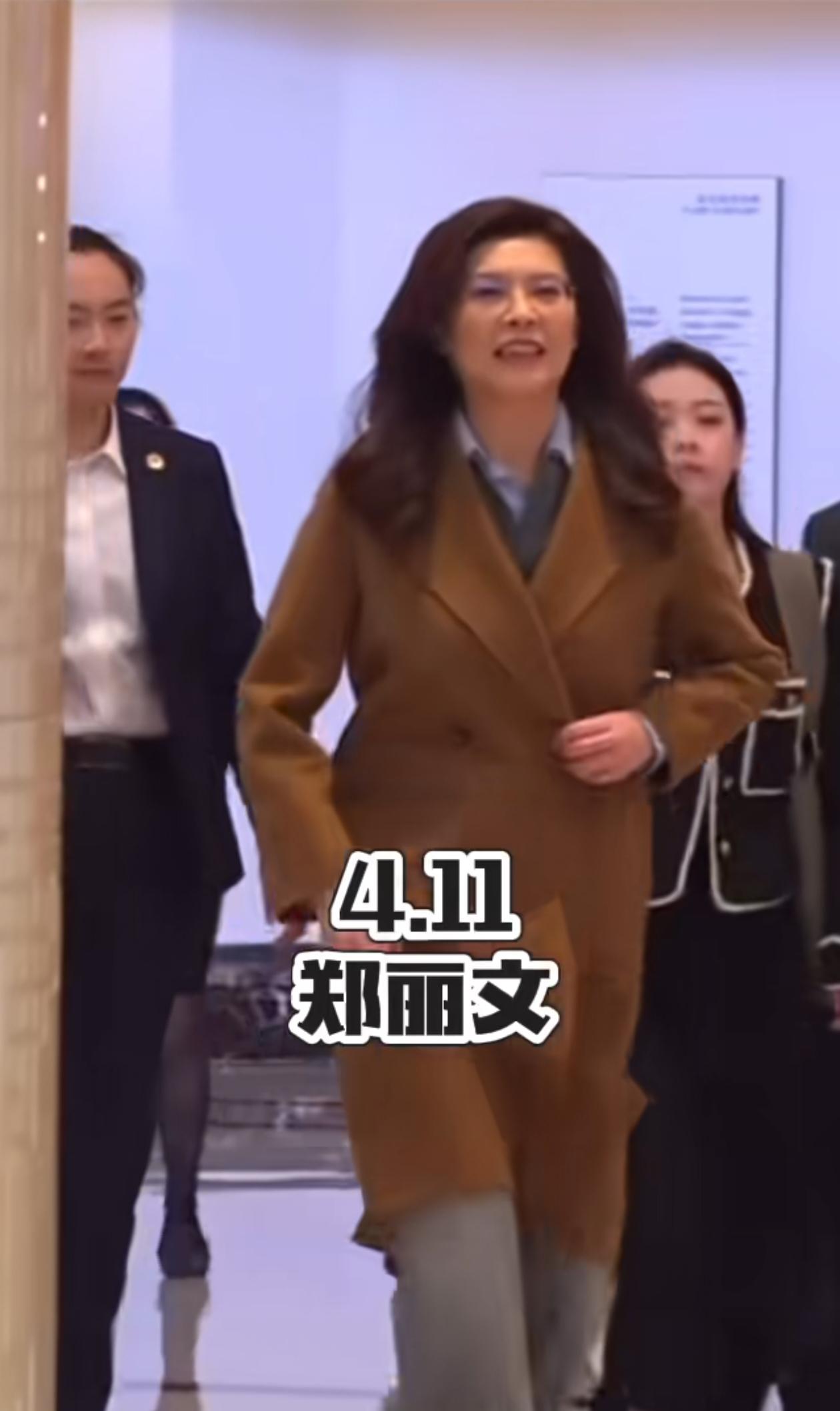 郑丽文今天穿一件棕色的短风衣，风采依然，容光焕发。在北京进行了重要的会谈之后，心