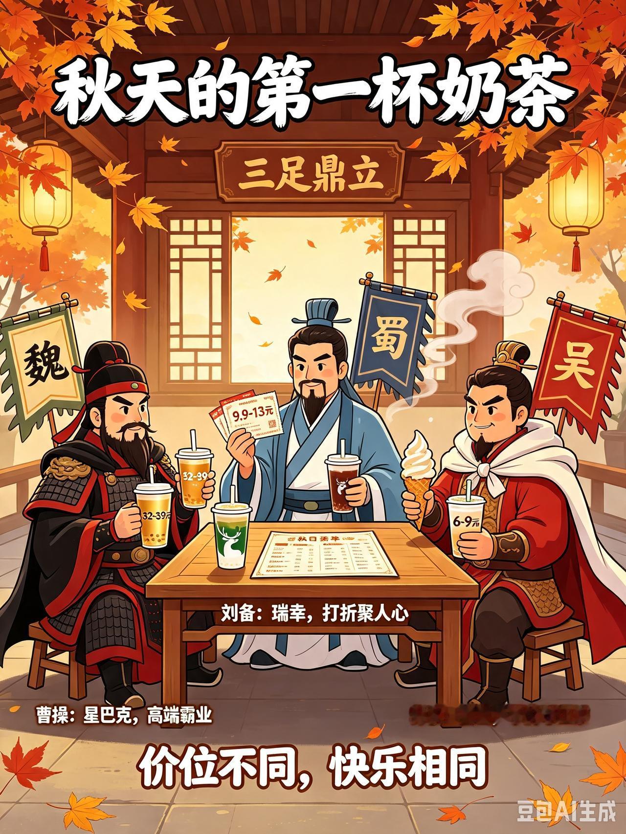 秋天的第一杯奶茶，恰似汉末三分天下。

星巴克=曹操，原价32‑39元，坐拥高端