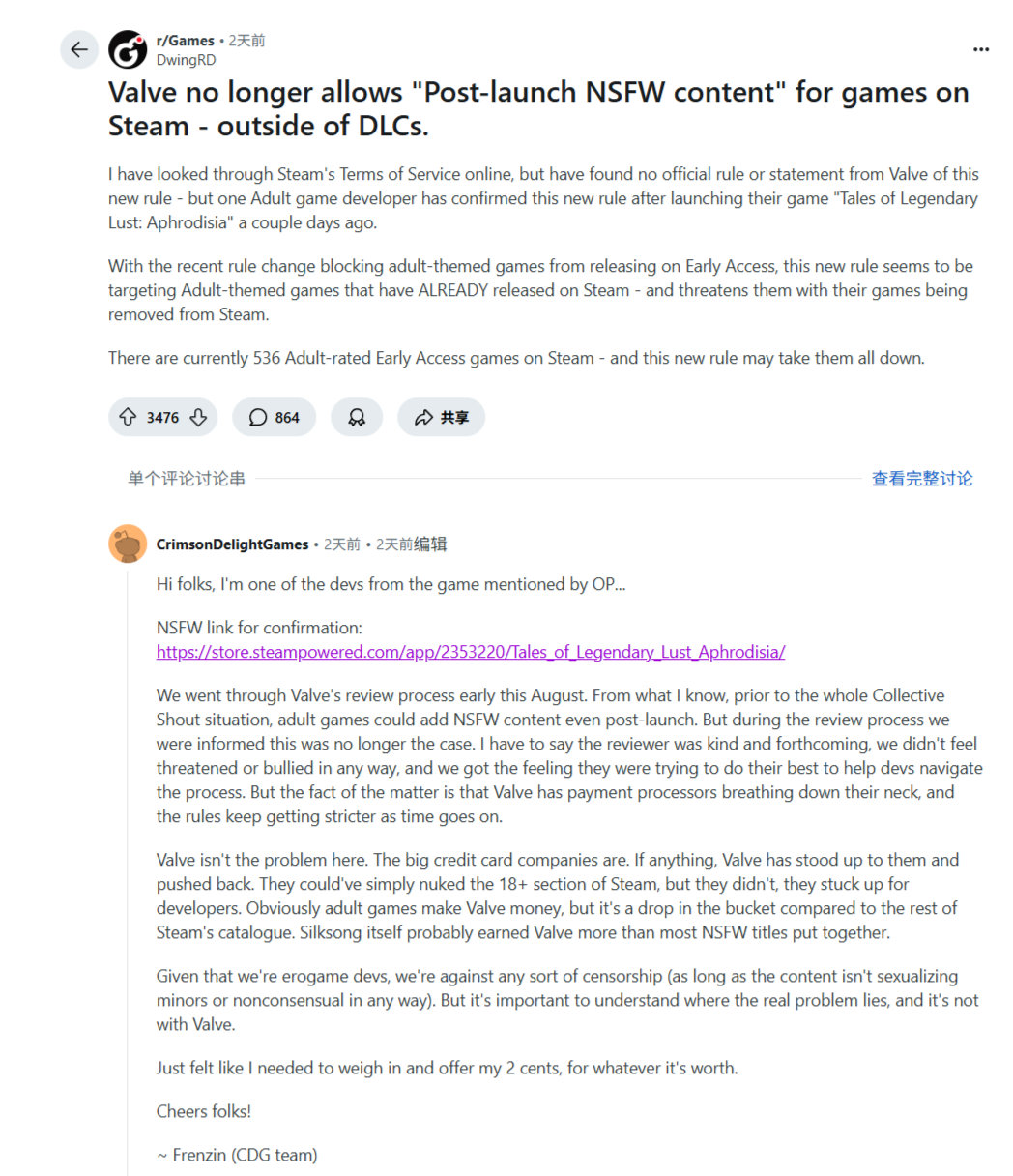 成人游戏厂商「CrimsonDelightGames」证实，V社已调整Steam