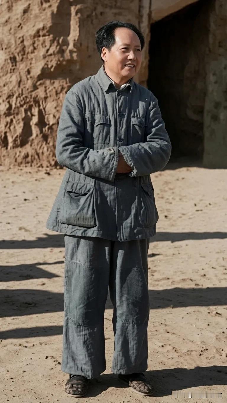 黄土窑洞前，一身朴素灰布旧棉衣，尽显延安岁月的清贫坚守。人物神色从容温和，褪去浮