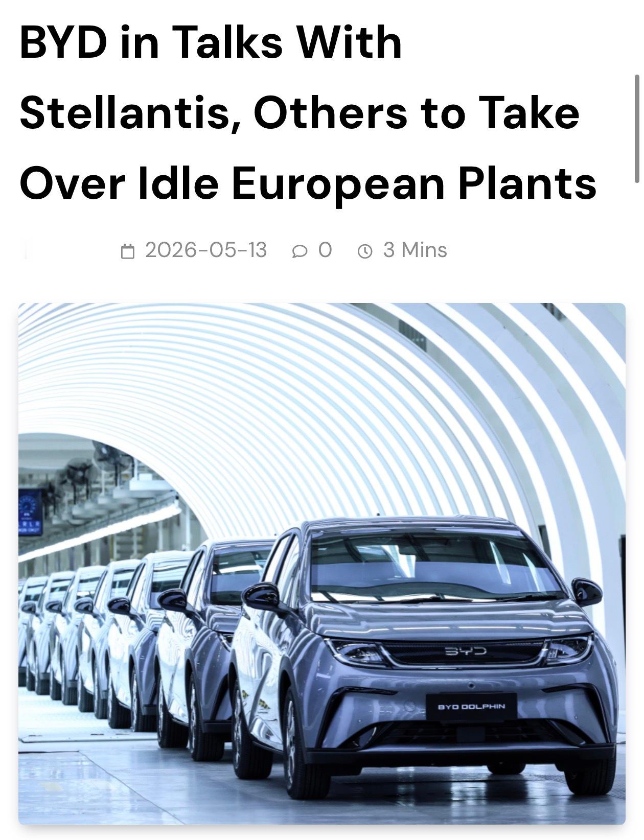 比亚迪有意收购Stellantis等公司闲置欧洲工厂！中国车企出手让这些停摆工厂