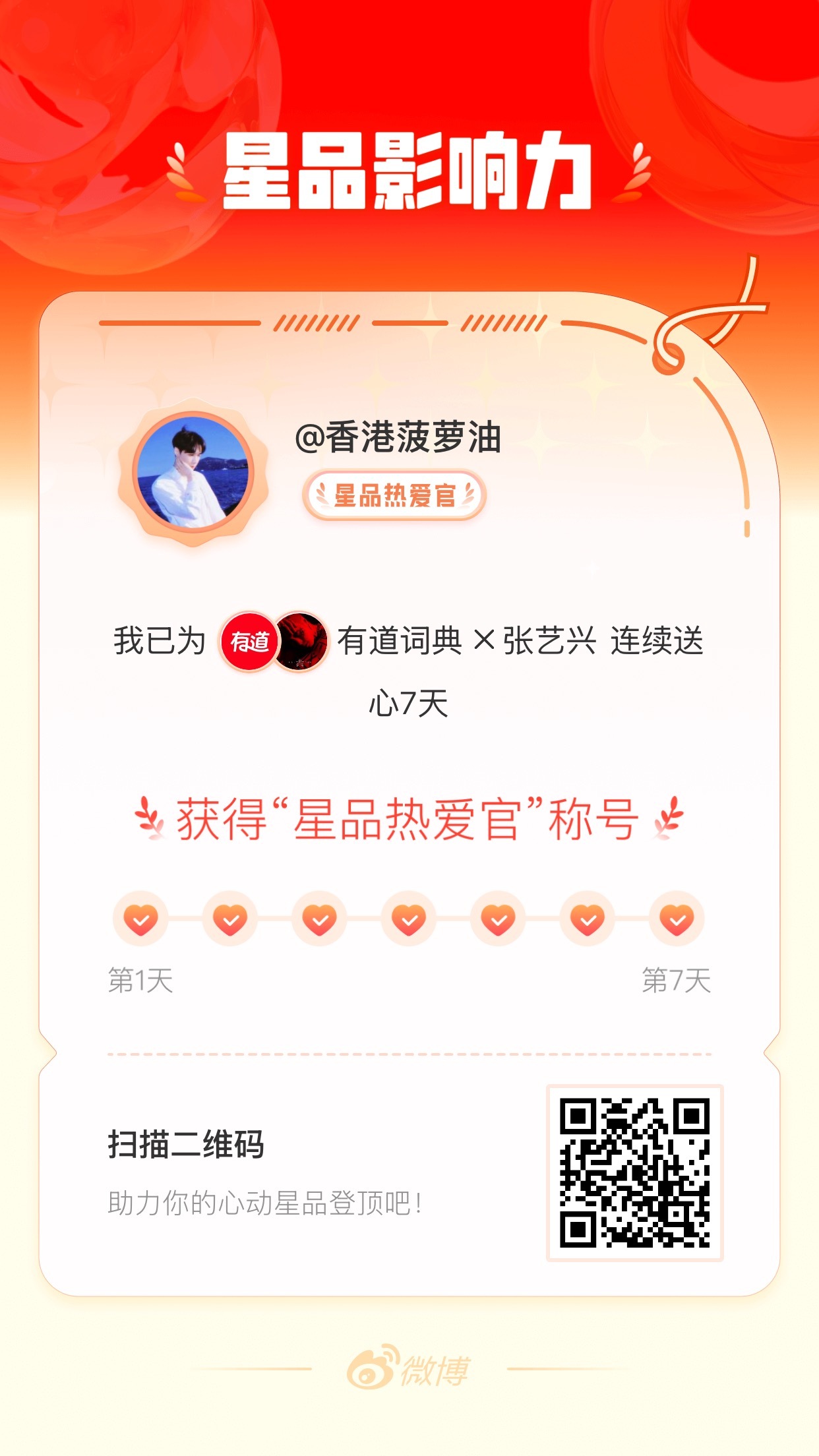 我在星品影响力上为 X 连续送心7天，获得“星品热爱官”称号！快来一起pick你