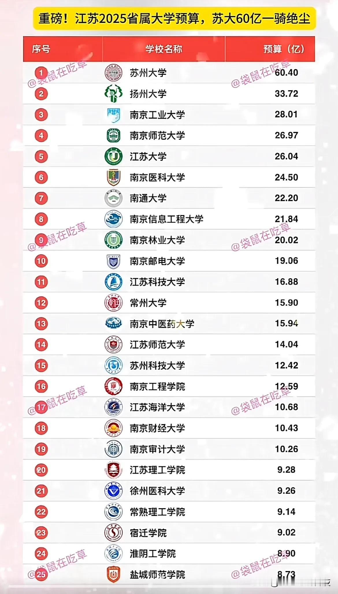 重磅！江苏2025省属大学预算，苏大60亿一骑绝尘