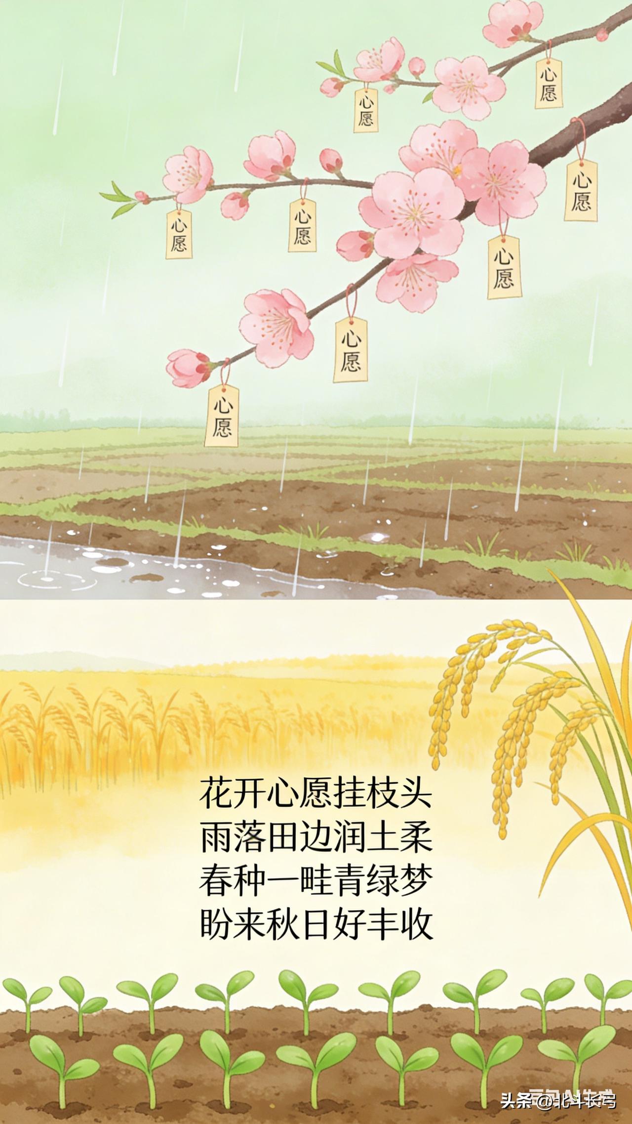 花开心愿挂枝头
雨落田边润土柔
春种一畦青绿梦
盼来秋日好丰收