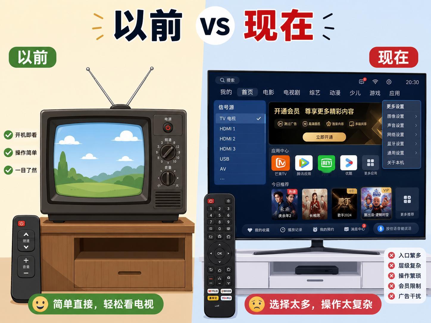 以前开电视，是按一下遥控器，全家人就能围着看现在开电视 像在闯关 电视为什么越来