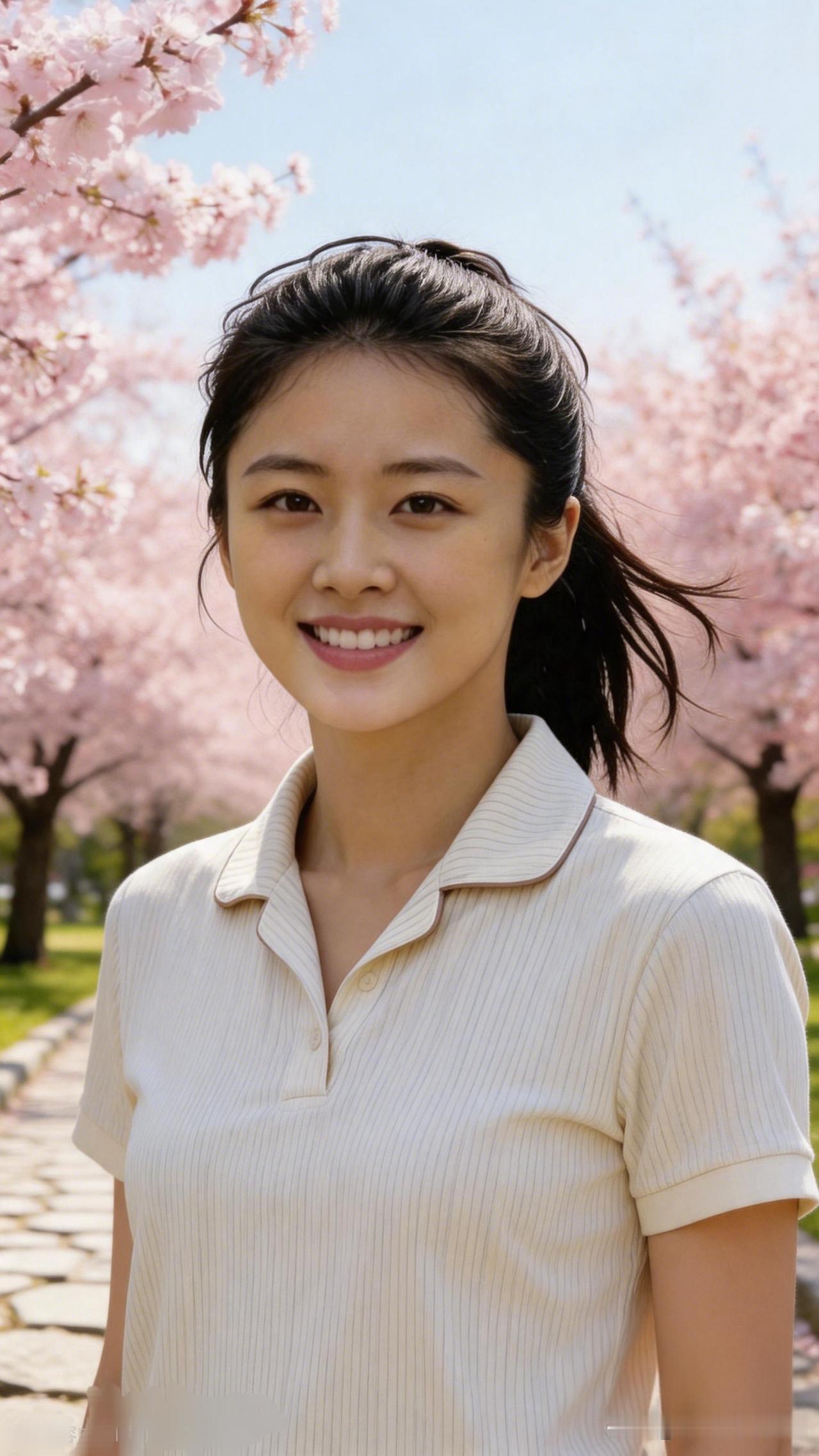 樱花树下，微笑的少女，春日暖阳下的美好时光。