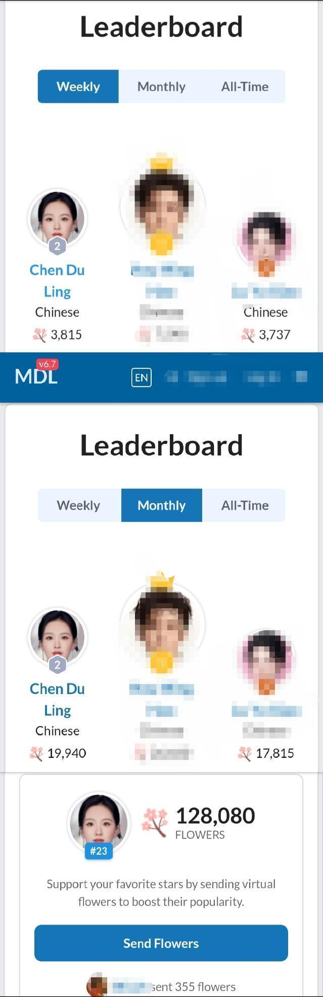 陈都灵MDL每周全球明星排行榜第二🥈 每月全球明星排行榜第二🥈年榜也上涨了一