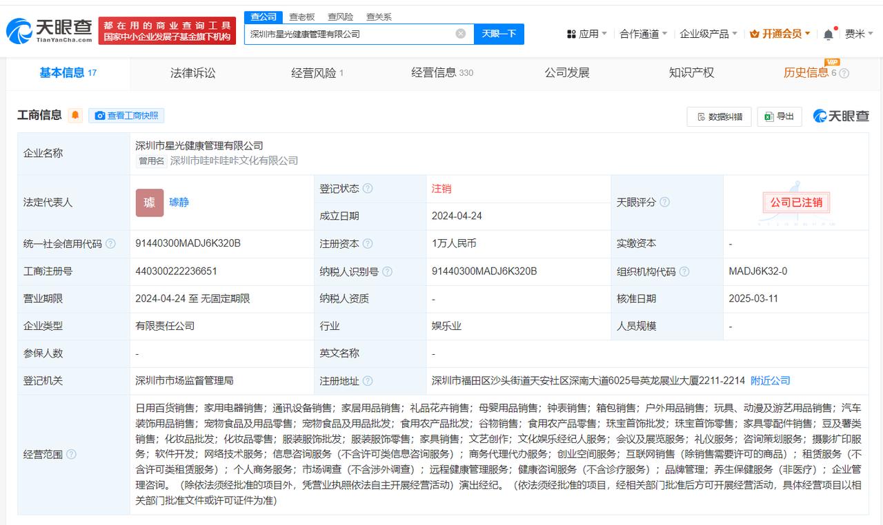 璩静名下无存续企业
天眼查App显示，近日，深圳市星光健康管理有限公司企业状态由