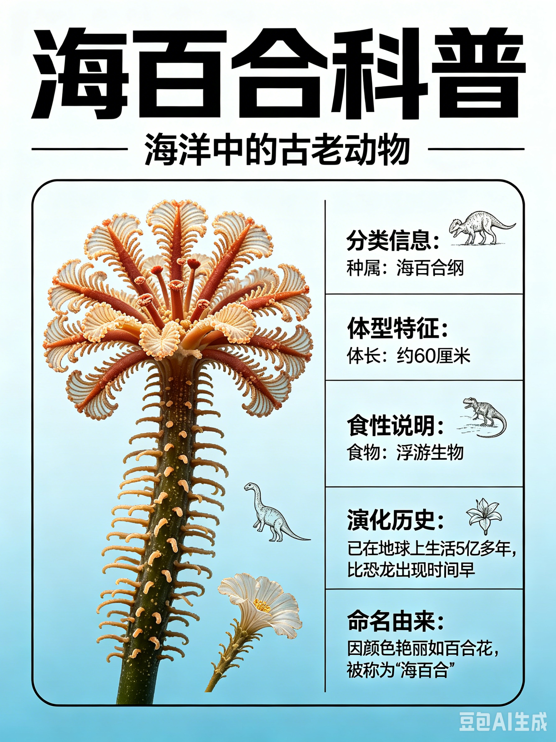海洋朋友圈 海百合海洋档案种　属：海百合纲体　长：约60厘米食　物：浮游生物海百