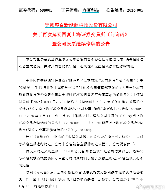 【容百科技 ：“1200亿元合同总金额”是公司估算得出，继续停牌！】1月15日晚