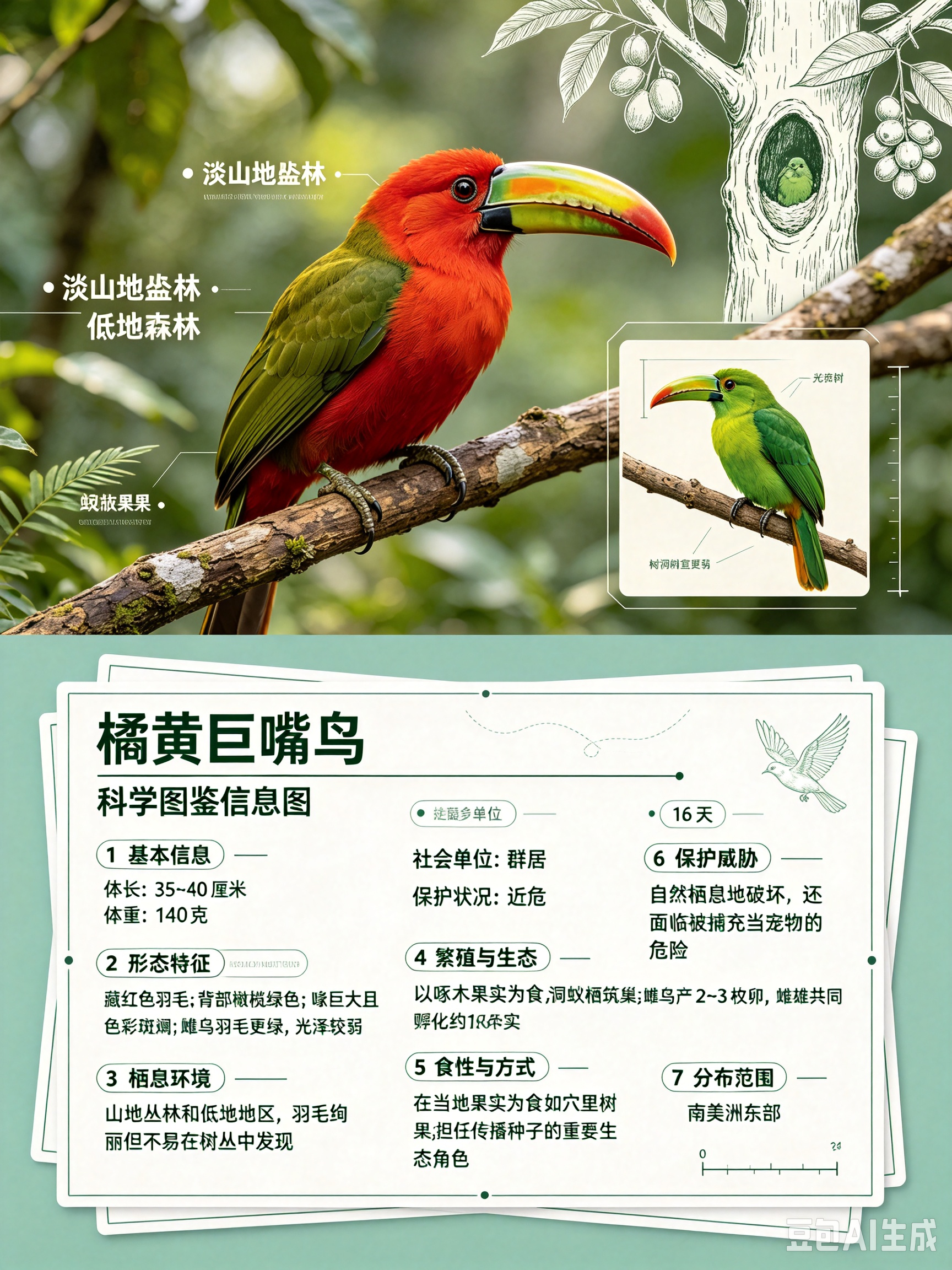 鸟类朋友图鉴 橘黄巨嘴鸟体长：35~40 厘米体重：140 克社会单位：群居保护