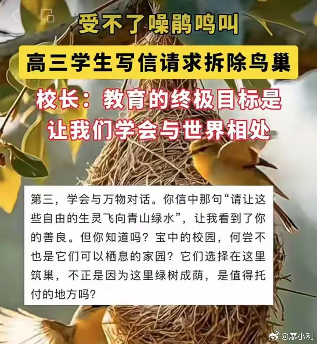 高三学生求拆鸟巢被校长温柔反劝教育的本质是一棵树摇动另一棵树，一朵云推动另一朵云