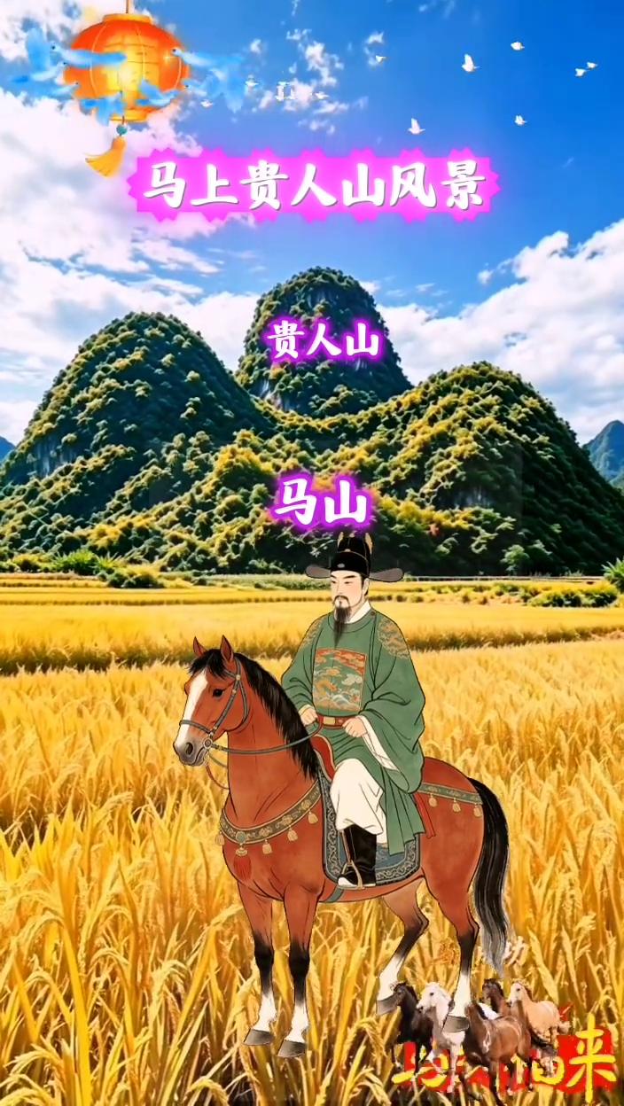 马上贵人山风景。
贵人山，马山，牛，来，马到成功。兵部尚书，马到成功。