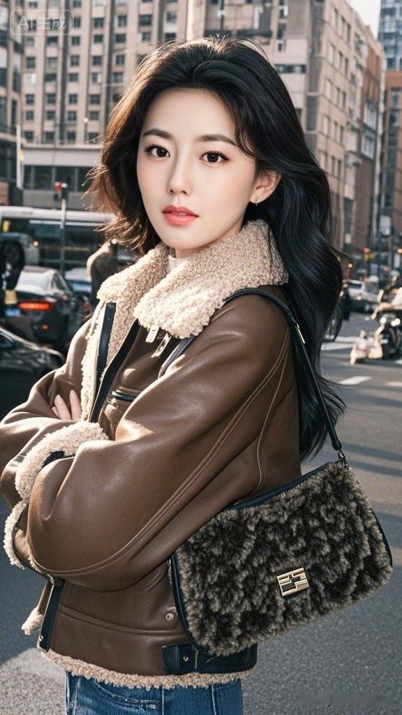 风华正茂时，笑看红尘事。有哪些容貌倾城的女明星 都市时尚女孩，棕色皮衣搭配毛绒包