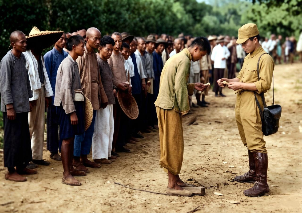 1940年的湖北武汉，一个日本士兵正在检查应征苦力的身份。一名年轻的男子低着头站