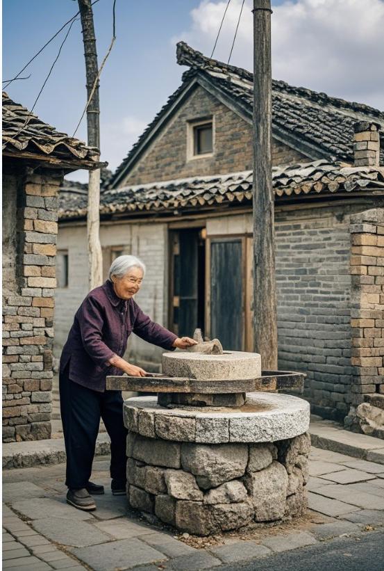 【怀旧】，北方农村推磨的老太太。

北方农村那古朴的街道旁，岁月仿佛凝固。两边的