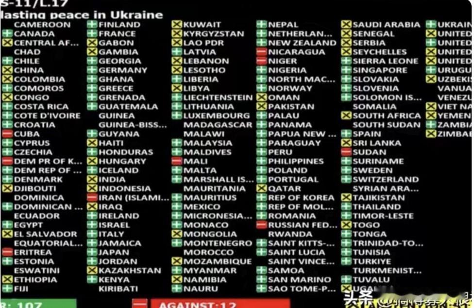 联大通过特别决议:支持乌克兰永久和平！其中107票赞同，12票反对，51票弃权，