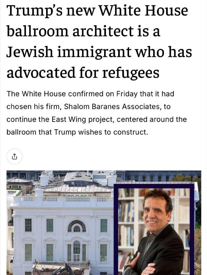 据媒体报道，日前特朗普换掉了白宫新宴会厅的设计师，新来的设计师是一个支持移民的犹