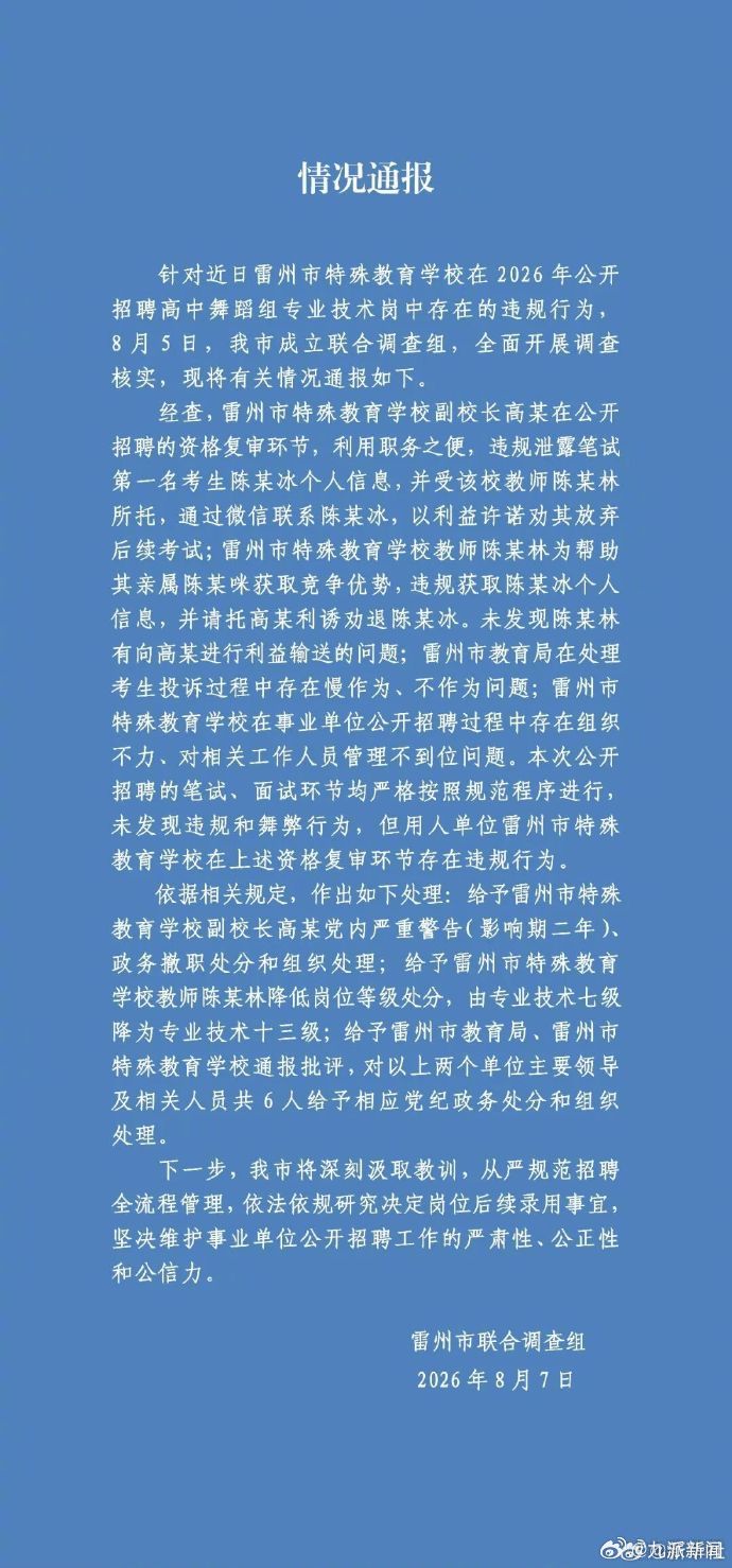 【#雷州通报调查结果#】#雷州老师招聘违规事件6人被处分#针对近日雷州市特殊教育