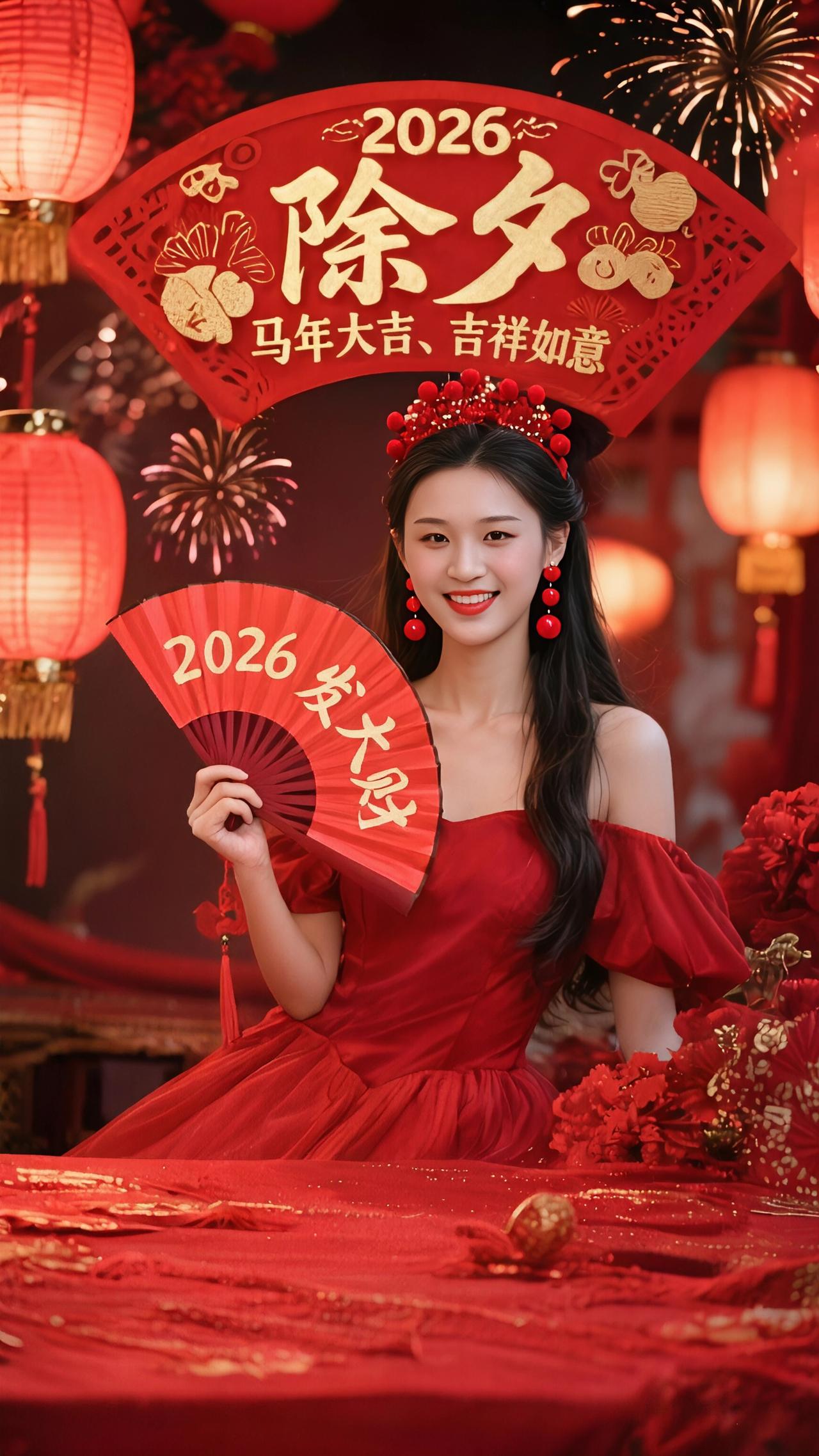 新年喜庆P图大赏
红妆一笑醉流年，漫卷云舒许大千。
金马扬蹄开泰运，春风送暖入家