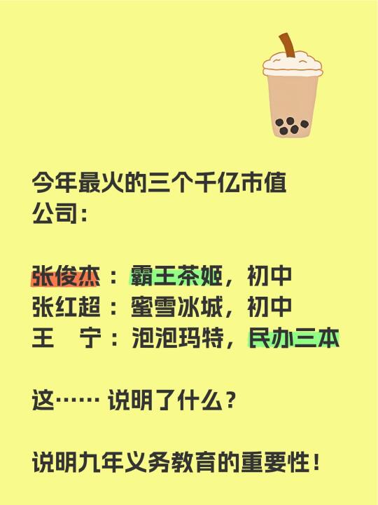 今年最火的三个千亿市值公司： 	 张俊杰 ：霸王茶姬，初中 张红超 ...