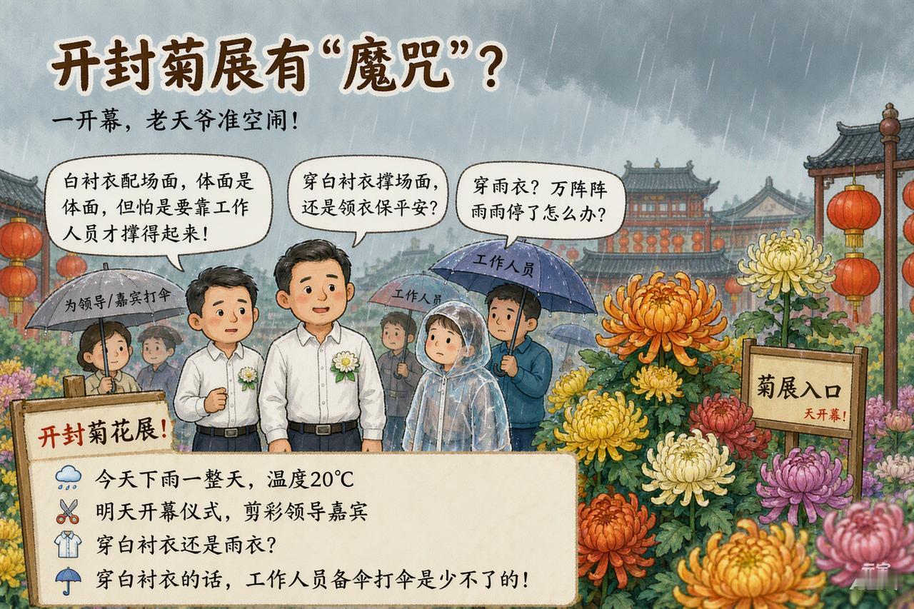 开封菊展有个“魔咒”——只要一揭幕，老天爷铁定来凑趣。这不，今天雨淅淅沥沥落了一