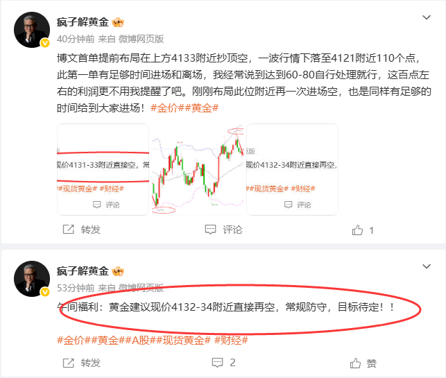 黄金布局再次在4133附近进场空，行情如约再一次下跌到现在4119附近又是140
