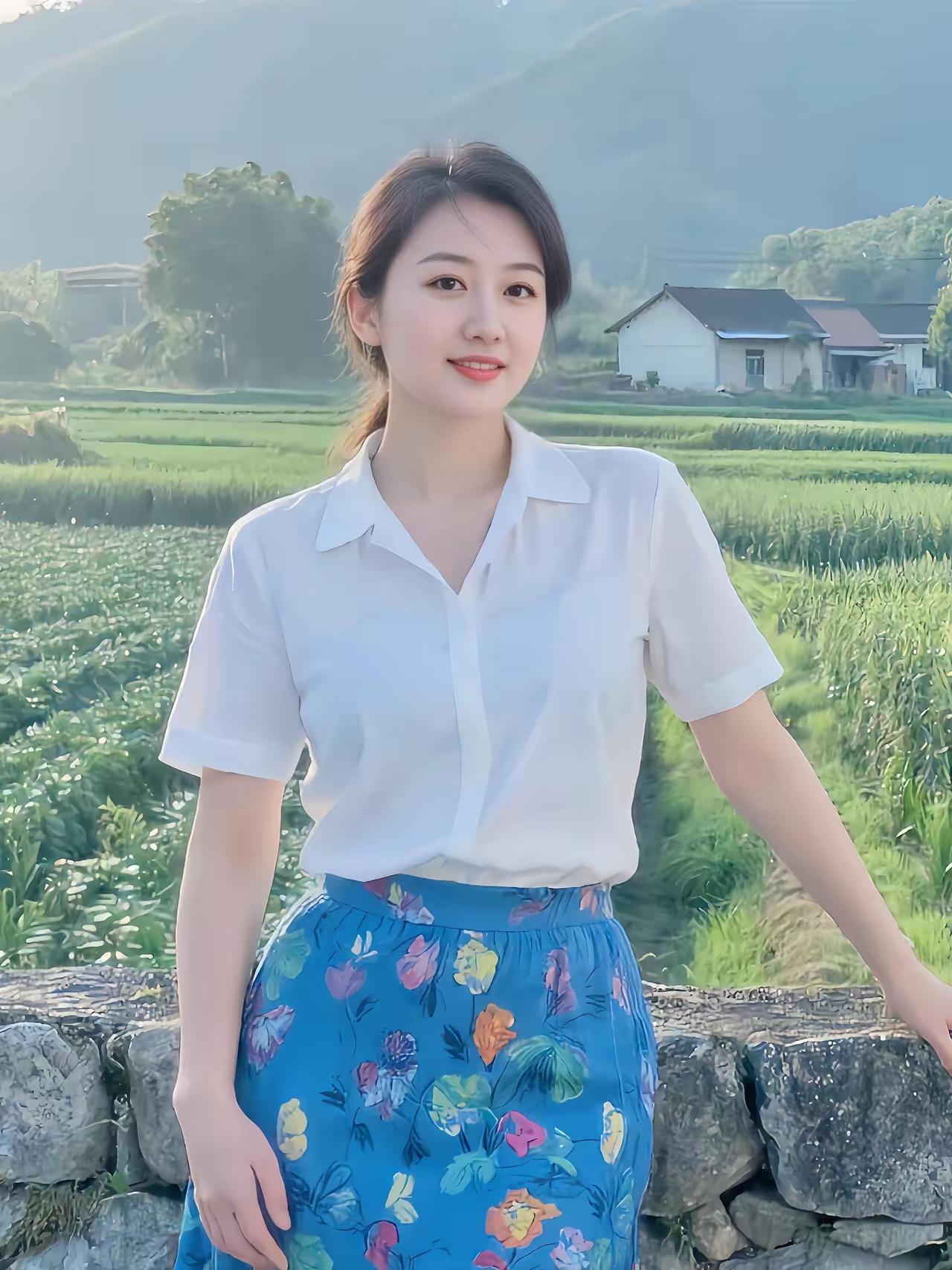 在花田光影里，她简直美成了一道风景。阳光从她背后漫过来，每一根发丝都闪着光。当她