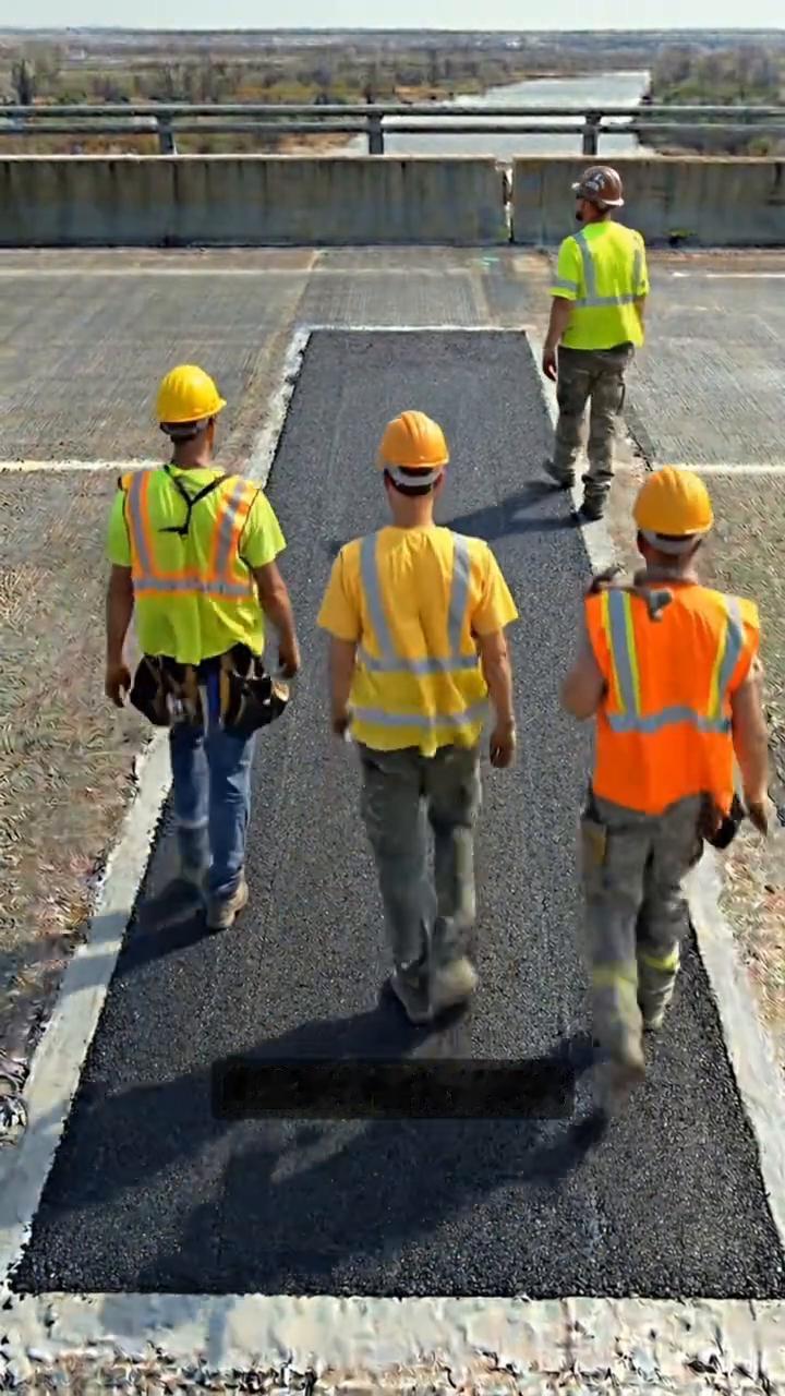 公路修建技艺。
谁能想到国外破洞的桥面竟然是这样抢修的。
·工人先摆放警示锥筒封