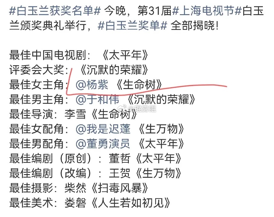 居然真的是杨紫90后首位白玉兰视后，花落杨紫，三次提名终于获奖了。这个奖颁给她没