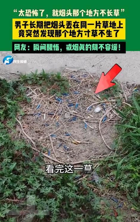 “太吓人了，就扔烟头的地方不长草”，男子发现经常扔烟头的那一片寸草不生，直观感受