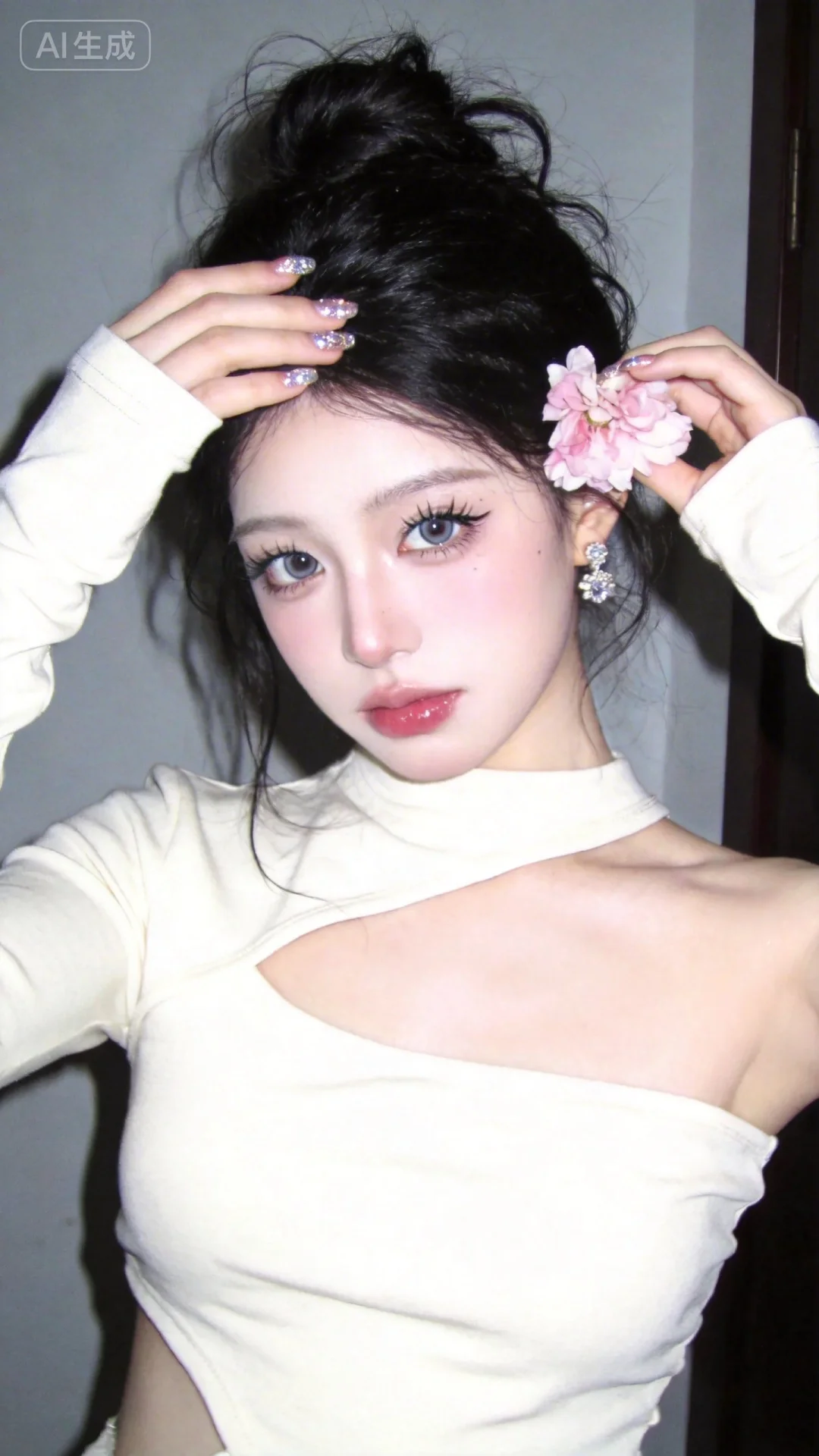 随手拍快照，噪点，抖动画面，冷白皮、瓷白肌肤配奶油白肌肤，有着无辜眼神，微醺神态