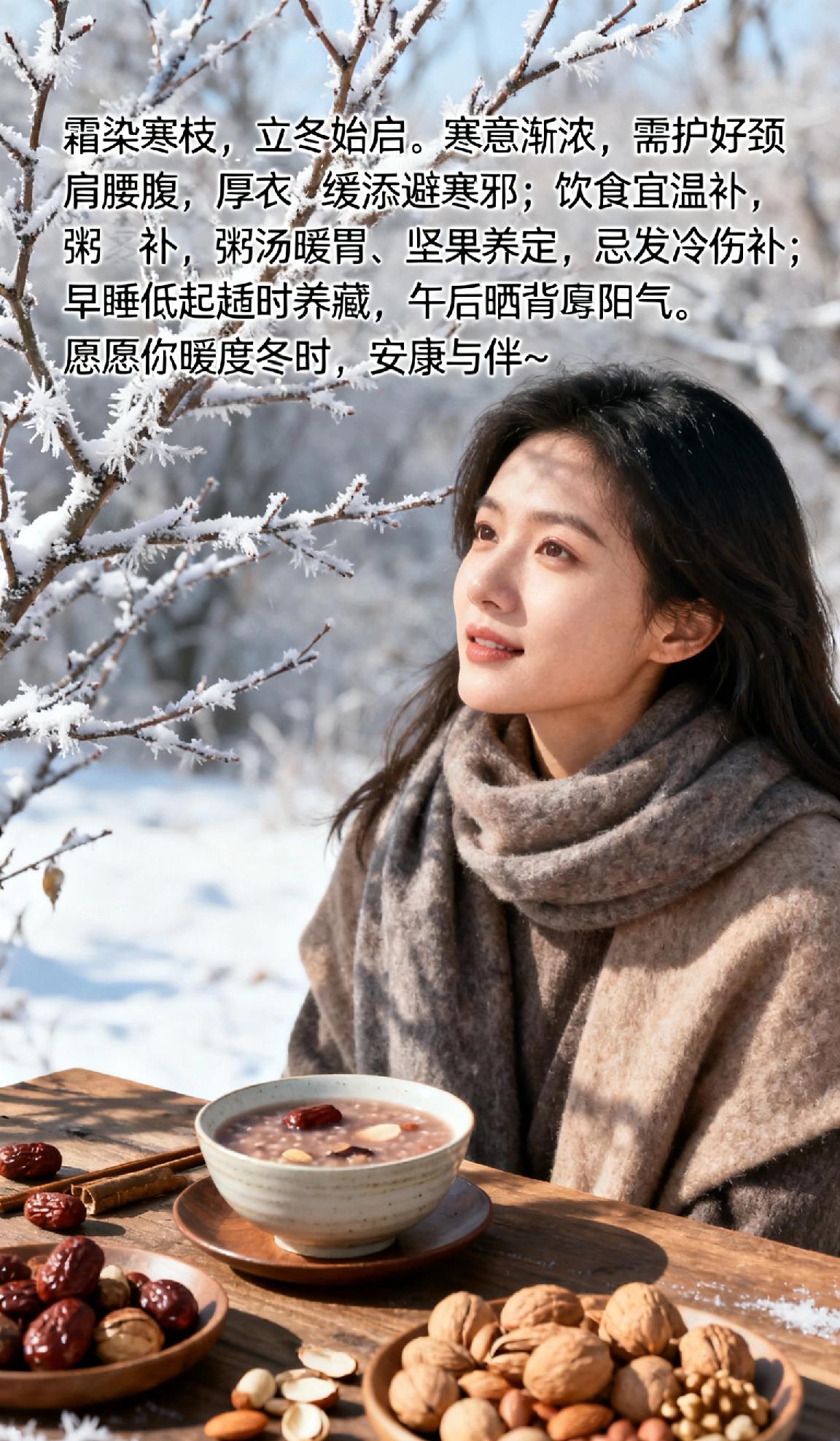 霜染寒枝，立冬始启。寒意渐浓，需护好颈肩腰腹，厚衣缓添避寒邪；饮食宜温补，粥汤暖