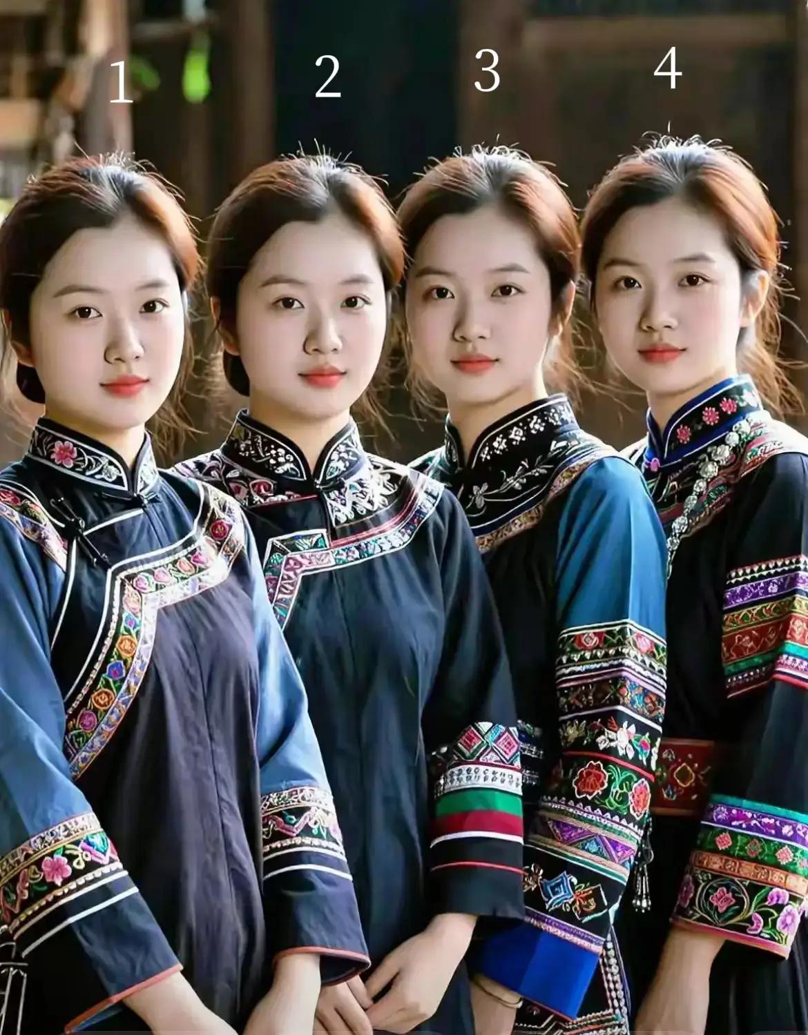 四位少数民族美女，穿上这身服饰愈发靓丽，美艳动人。1号温柔似水，2号端庄大方，3