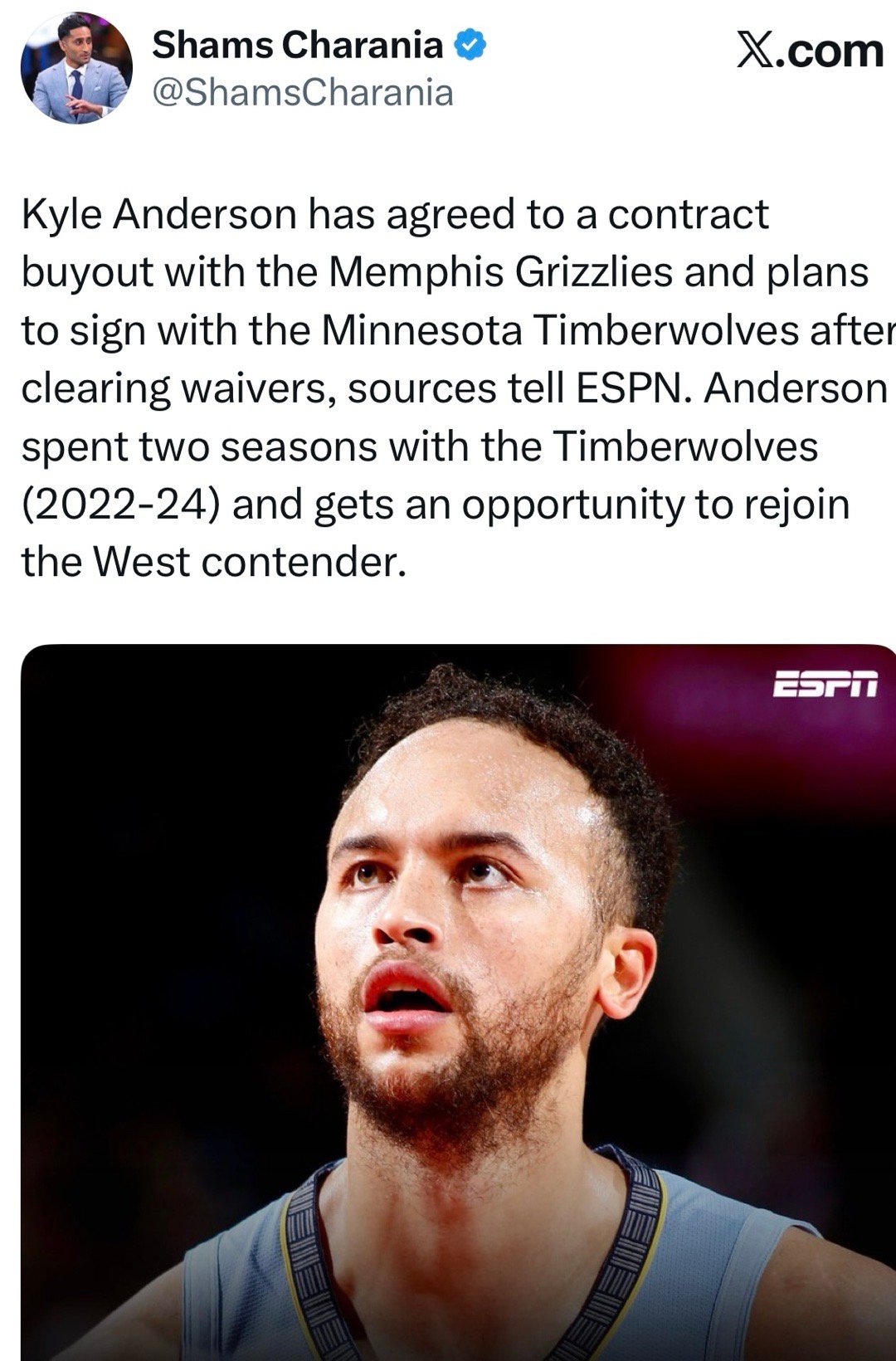 Shams：重返森林狼！！凯尔-安德森已与孟菲斯灰熊达成合同买断协议，度过澄清期