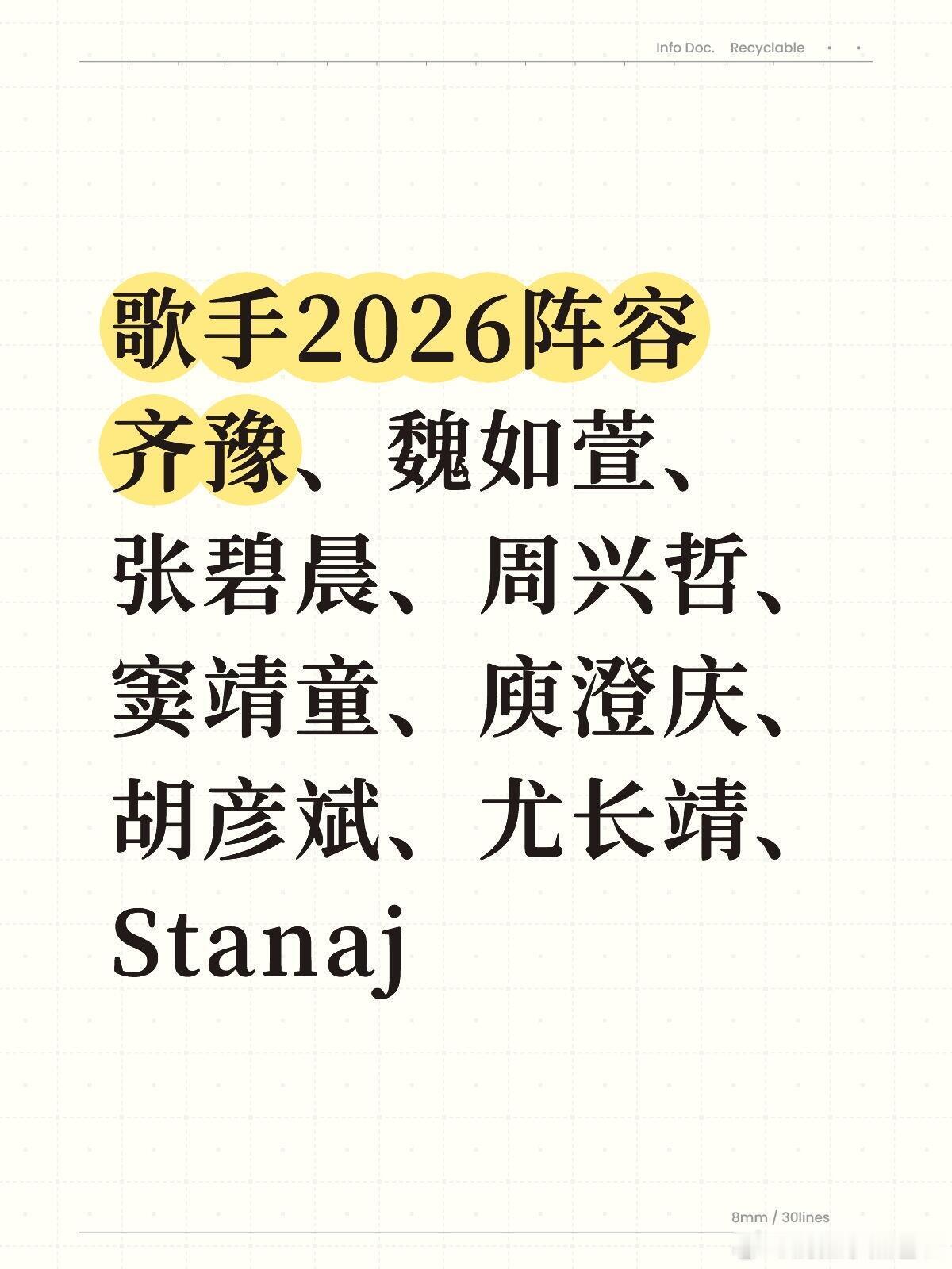 歌手2026阵容齐豫、庾澄庆、张碧晨、胡彦斌、窦靖童、魏如萱、周兴哲、尤长靖、S
