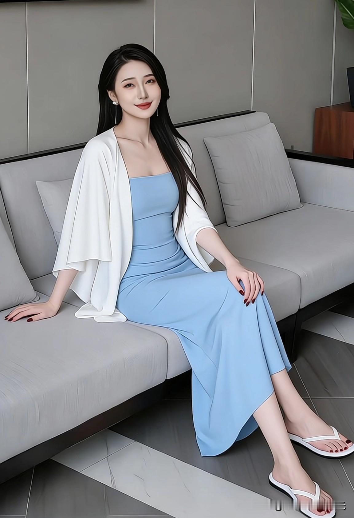 优雅蓝裙搭配白纱，静坐沙发，尽显温柔气质
