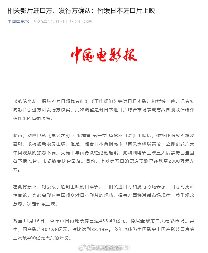  据中国电影报，《蜡笔小新：炽热的春日部舞者们》《工作细胞》等进口日本影片将暂缓